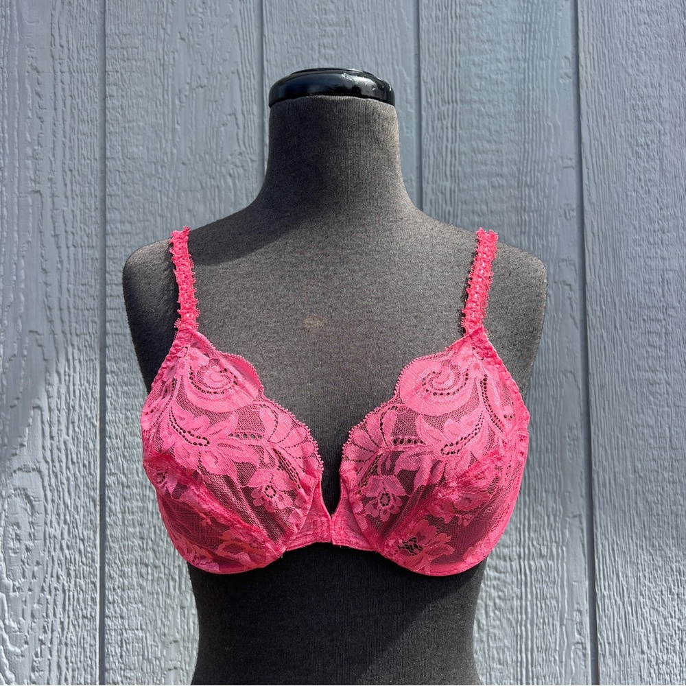 VTG 80s Victoria’s Secret Gold Label Watermelon Pink Sheer Lace Bra, 36C